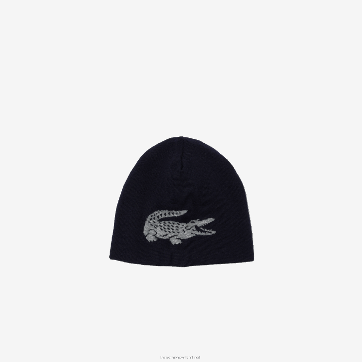 Lacoste contrast krokodil omkeerbare beanie 0828H2346 marineblauw grijs chine 0ph Heren