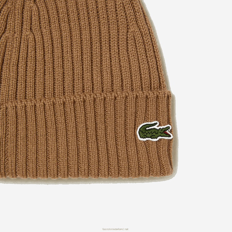 Lacoste geribbelde wollen muts 0828H2257 bruin z0w Heren