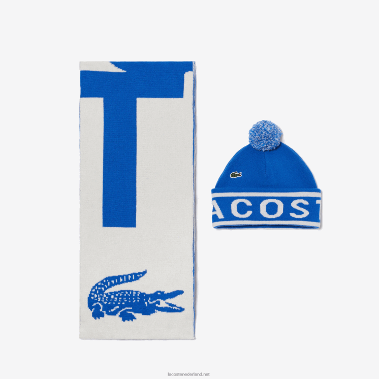 Lacoste jacquard gebreide muts en sjaal cadeauset 0828H2296 blauw wit vmz Heren