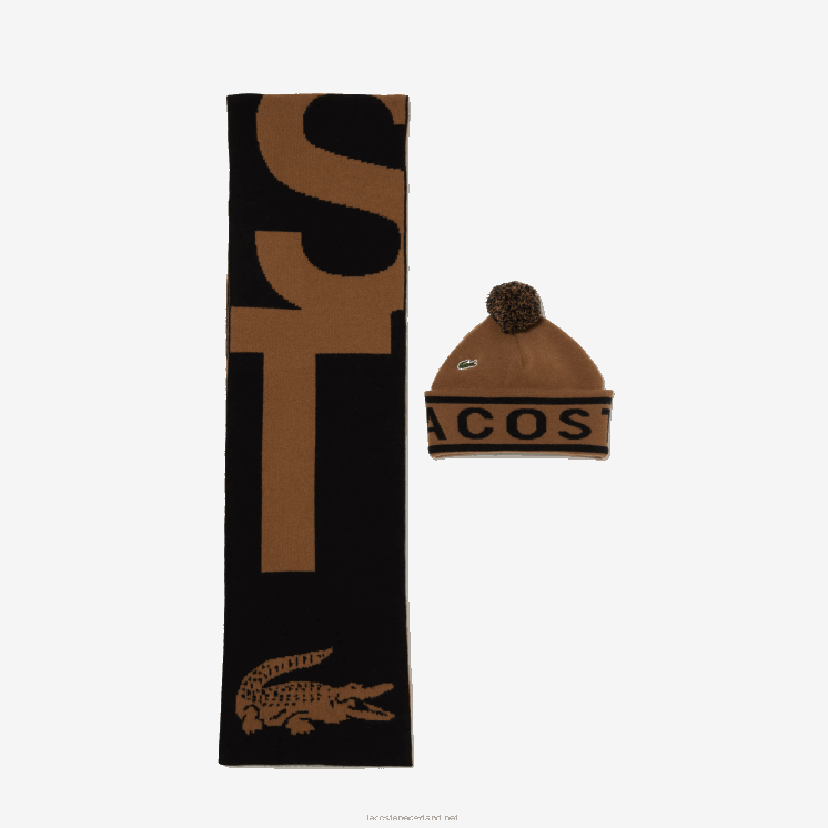 Lacoste jacquard gebreide muts en sjaal cadeauset 0828H2297 bruin zwart xp9 Heren