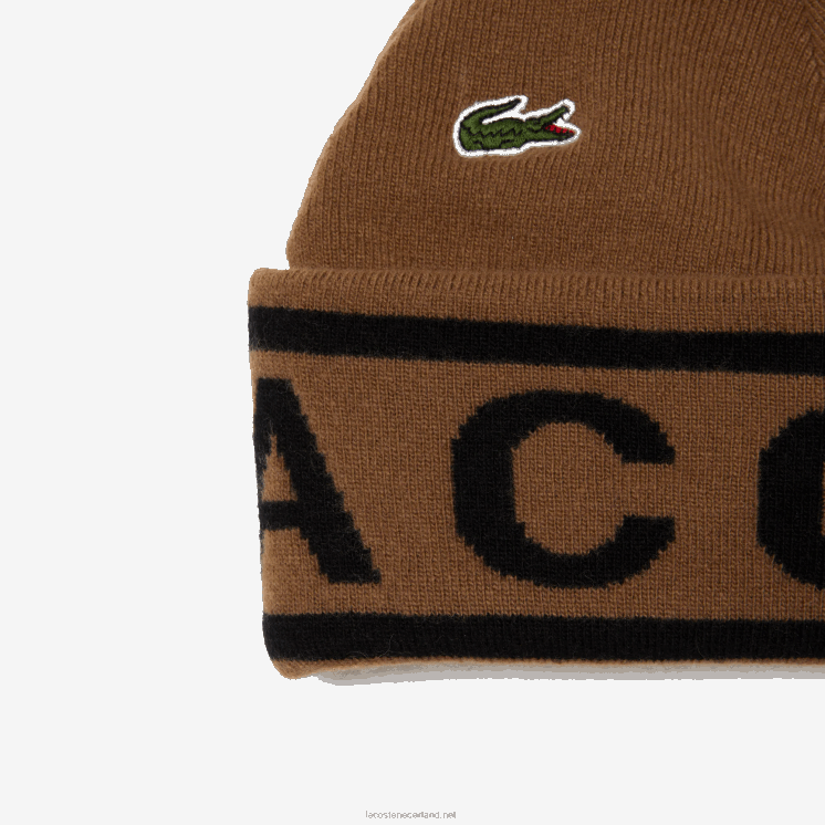 Lacoste jacquard gebreide muts en sjaal cadeauset 0828H2297 bruin zwart xp9 Heren