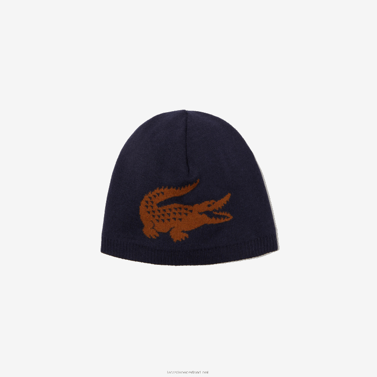 Lacoste jacquard muts van krokodillenwol 0828H2309 marineblauw bruin 1dy Heren