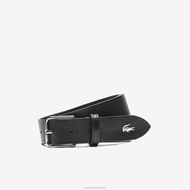 Lacoste metalen krokodil gestikte leren riem 0828H2093 zwart 000 Heren
