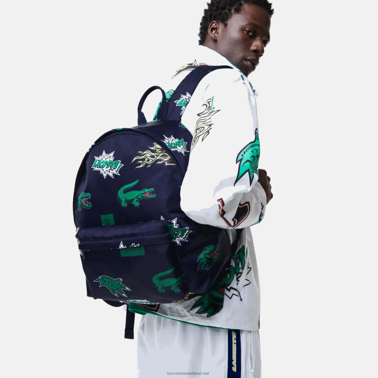 Lacoste rugzak met stripprint 0828H2096 marine 166 krokodillenleer l25 Heren