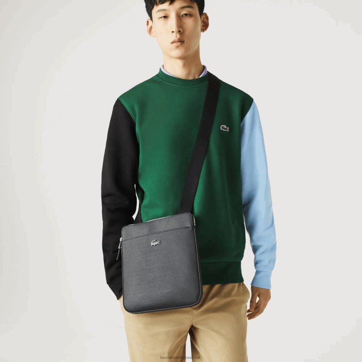 Lacoste Chantaco mat piqué leren tas met platte rits 0828H2039 zwart 000 Heren