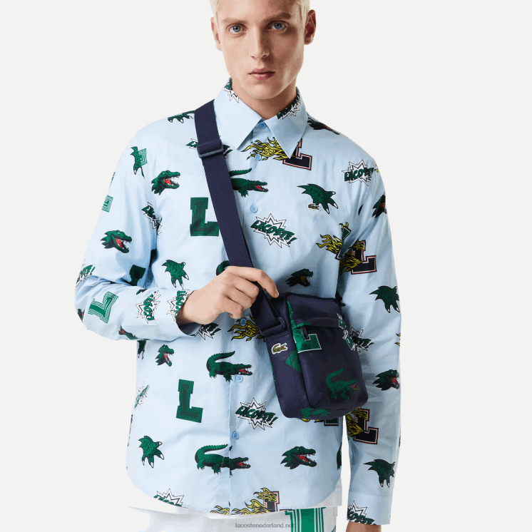 Lacoste verticale cameratas met stripprint 0828H2092 marine 166 krokodillenleer l25 Heren