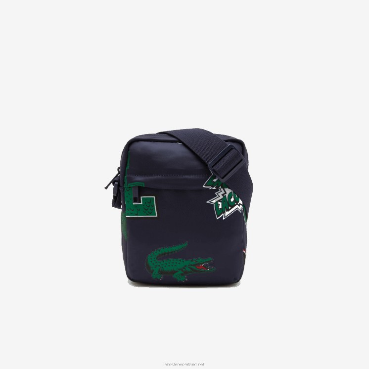 Lacoste verticale cameratas met stripprint 0828H2092 marine 166 krokodillenleer l25 Heren
