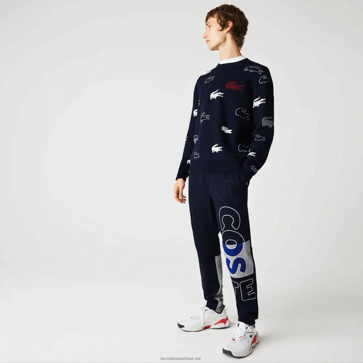 Lacoste Heritage gedestructureerde joggingbroek van katoenfleece met branding 0828H1206 marineblauw 166 Heren