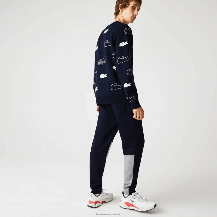 Lacoste Heritage gedestructureerde joggingbroek van katoenfleece met branding 0828H1206 marineblauw 166 Heren