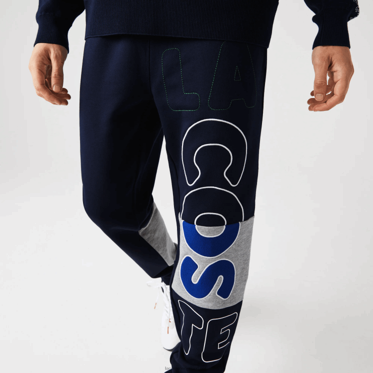 Lacoste Heritage gedestructureerde joggingbroek van katoenfleece met branding 0828H1206 marineblauw 166 Heren