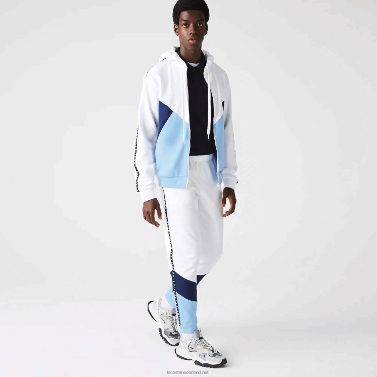 Lacoste kenmerkende gestreepte colorblock fleece joggingbroek 0828H1146 wit blauw vhe Heren