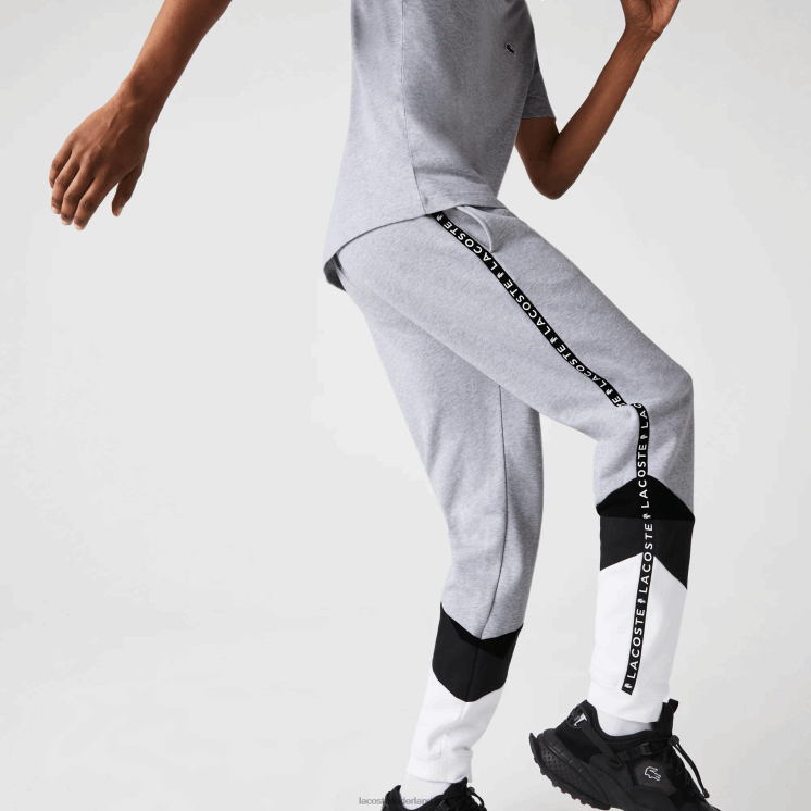 Lacoste kenmerkende gestreepte colorblock fleece joggingbroek 0828H1148 grijs chine zwart wit sj1 Heren