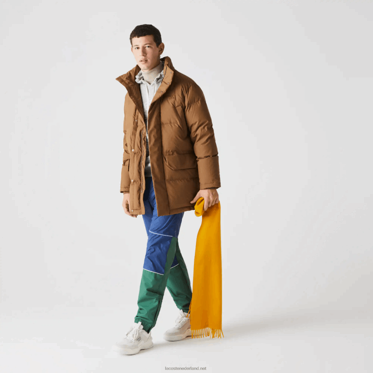 Lacoste afneembare capuchon lange puffer jas 0828H1318 bruin z0w Heren