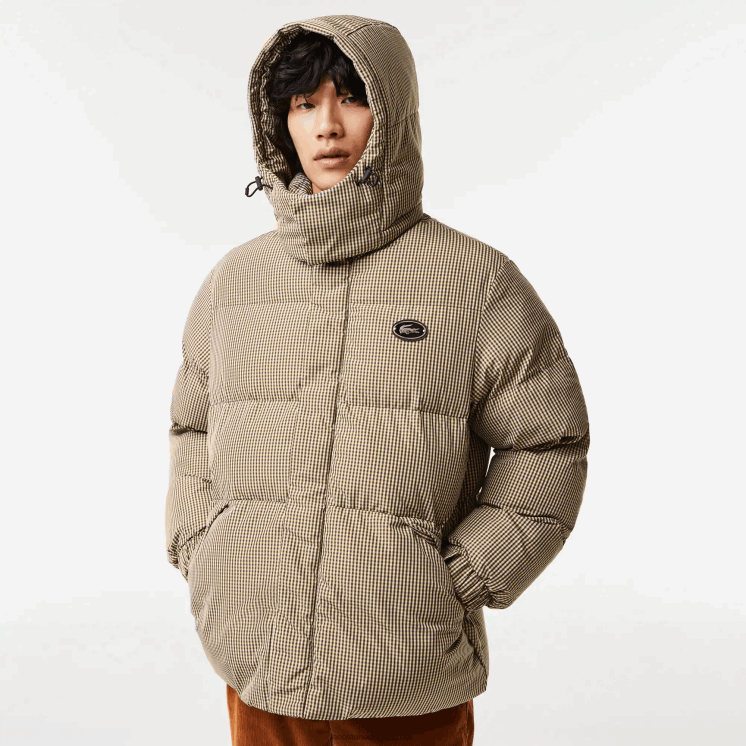 Lacoste geruit gewatteerd jack van waterafstotende keperstof met print 0828H399 beige marine kaki groen 87e Heren