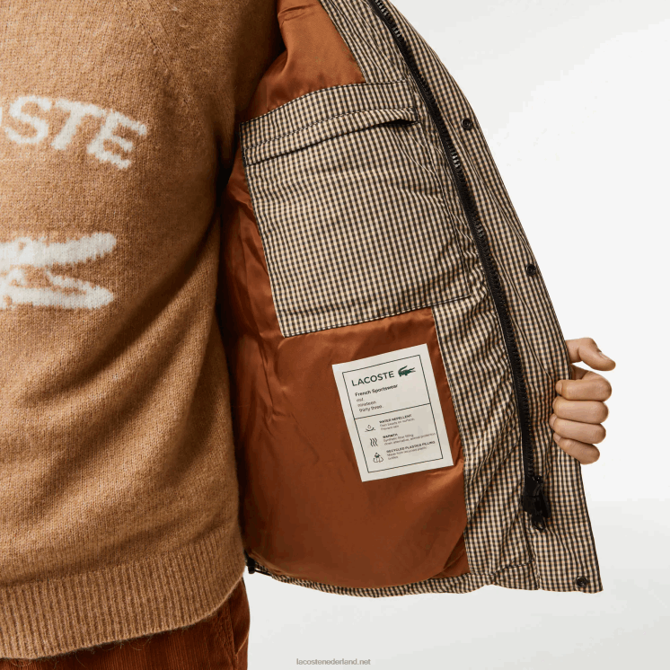 Lacoste geruit gewatteerd jack van waterafstotende keperstof met print 0828H399 beige marine kaki groen 87e Heren