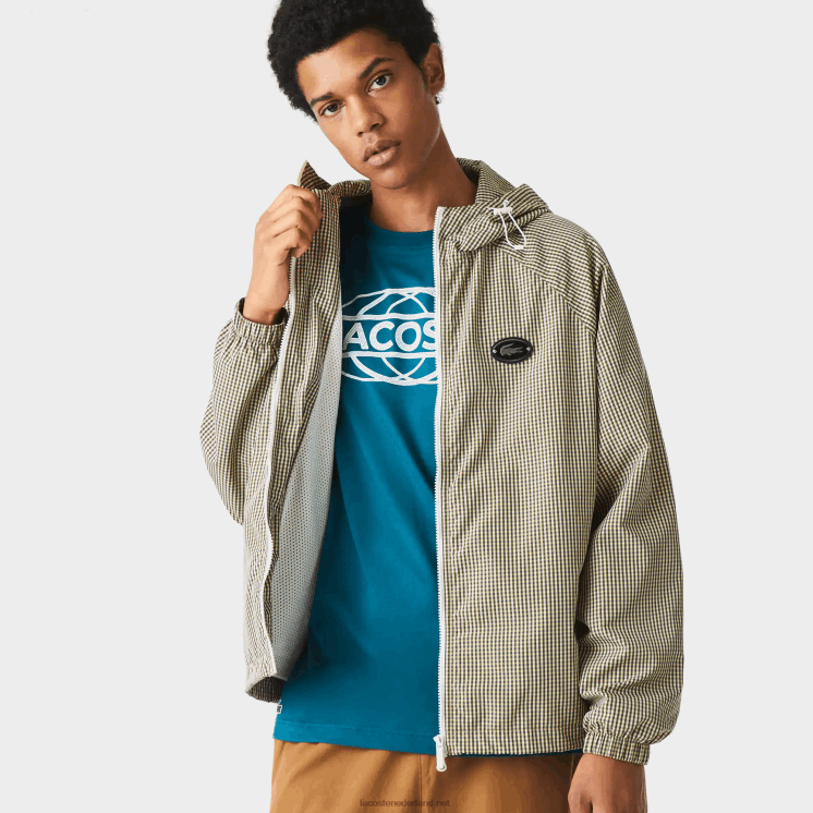 Lacoste geruit jack van keperstof met capuchon 0828H1232 beige marine wit kaki groen 87e Heren