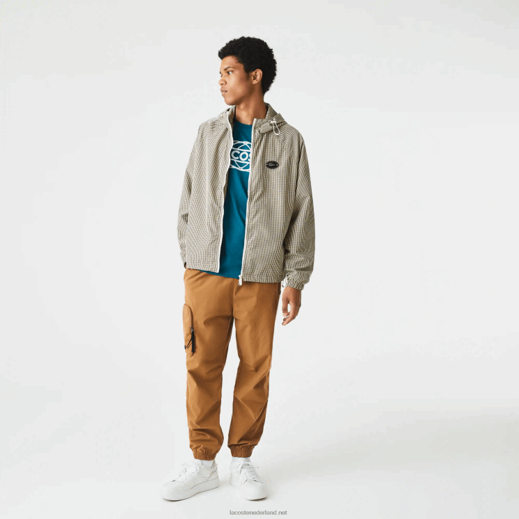 Lacoste geruit jack van keperstof met capuchon 0828H1232 beige marine wit kaki groen 87e Heren