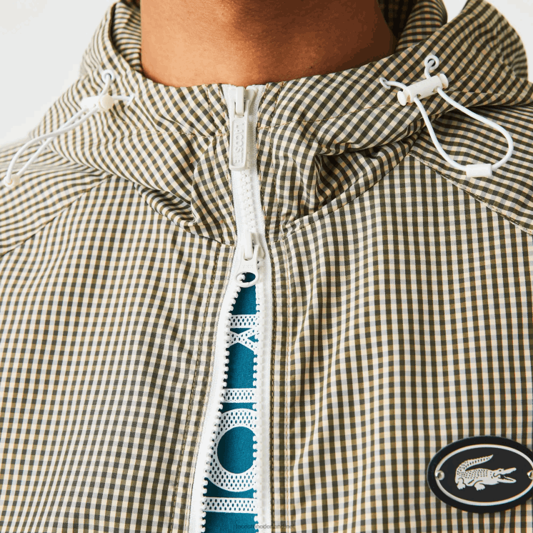 Lacoste geruit jack van keperstof met capuchon 0828H1232 beige marine wit kaki groen 87e Heren