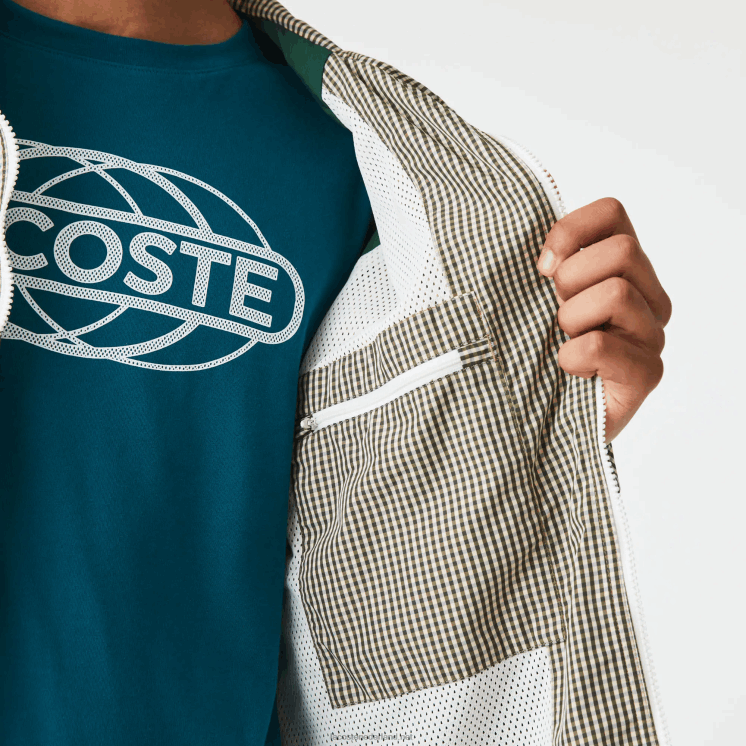 Lacoste geruit jack van keperstof met capuchon 0828H1232 beige marine wit kaki groen 87e Heren