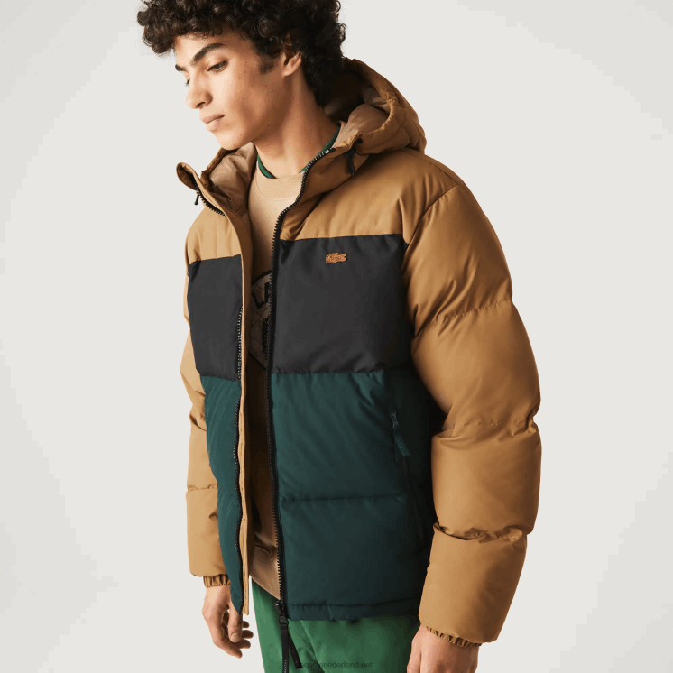 Lacoste gewatteerde waterafstotende colorblock jas 0828H1227 bruin zwart groen tpv Heren