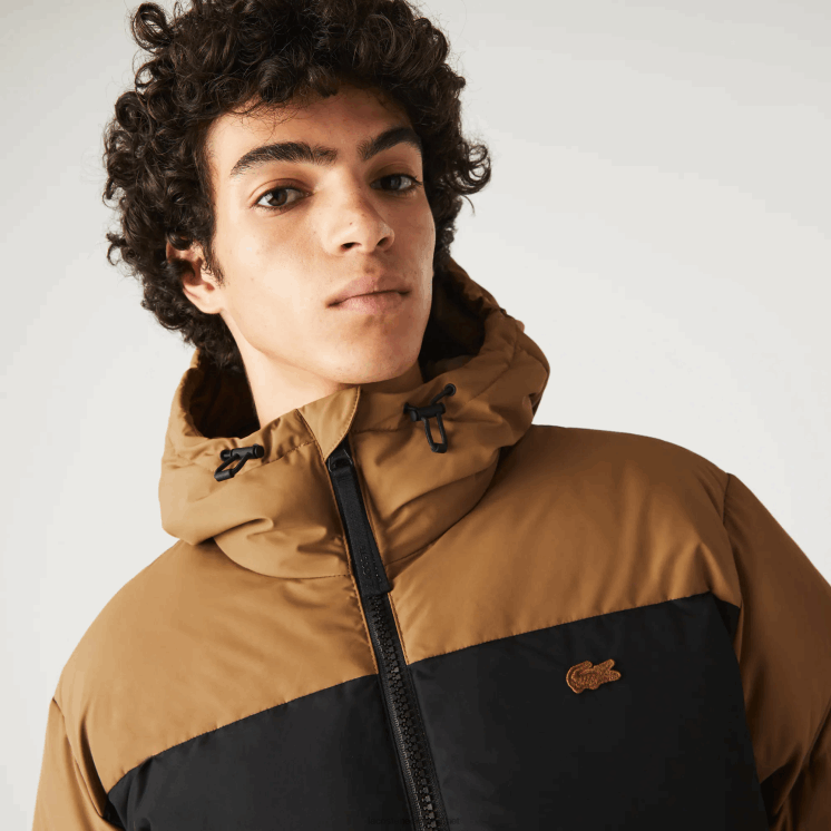 Lacoste gewatteerde waterafstotende colorblock jas 0828H1227 bruin zwart groen tpv Heren
