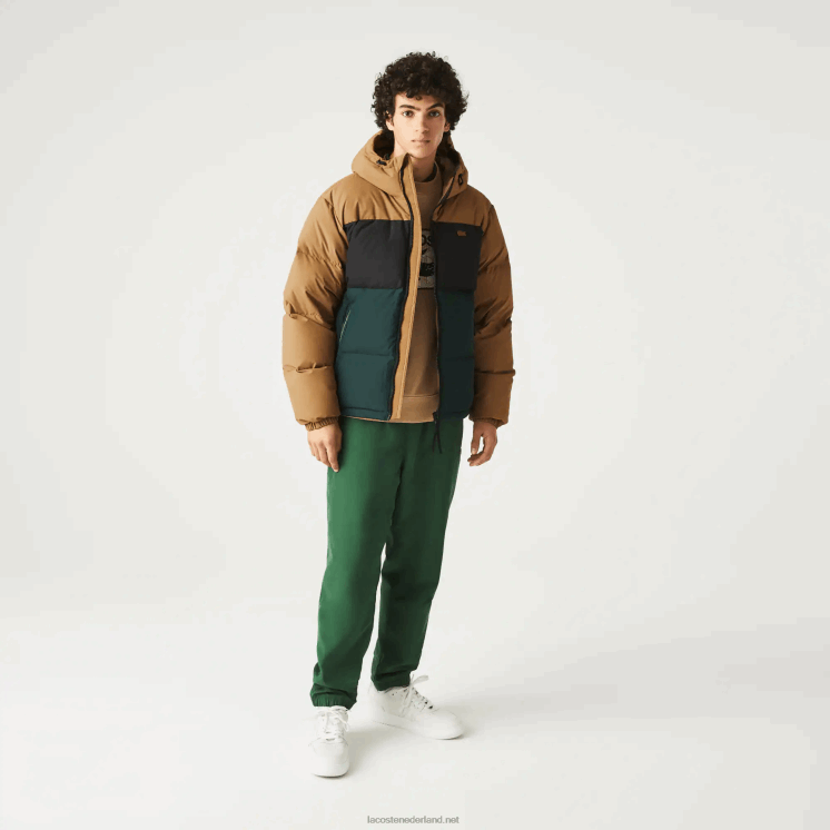 Lacoste gewatteerde waterafstotende colorblock jas 0828H1227 bruin zwart groen tpv Heren