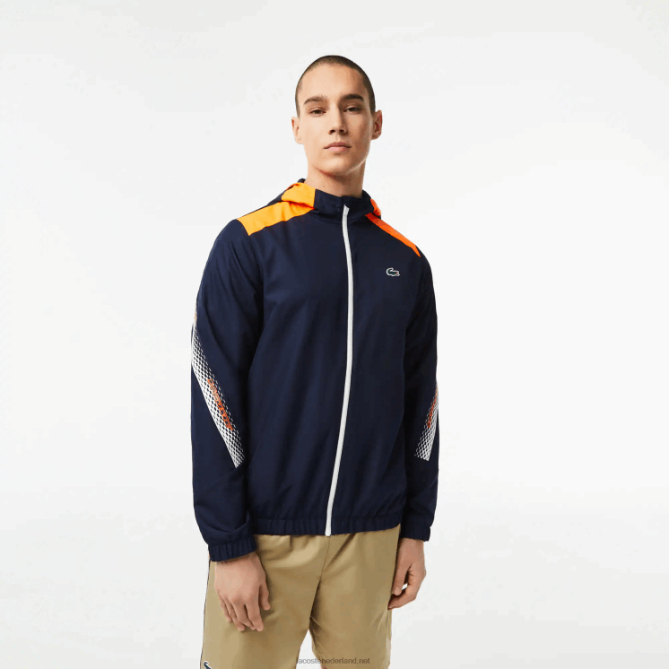 Lacoste tennisjack met capuchon van gerecycled polyester 0828H379 marineblauw oranje wit ag4 Heren