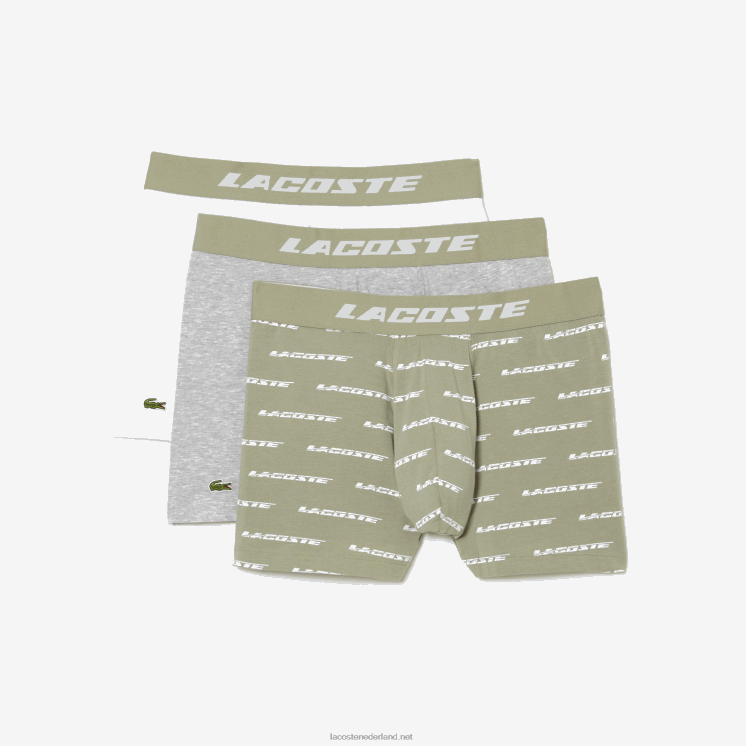 Lacoste 3-pack jersey boxershorts met logoprint 0828H447 kaki groen grijs chine gc9 Heren