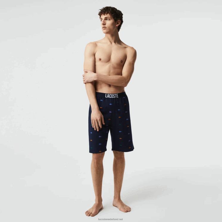 Lacoste Binnenbroek van katoenfleece met krokodillenprint 0828H1499 marineblauw wit qrn Heren