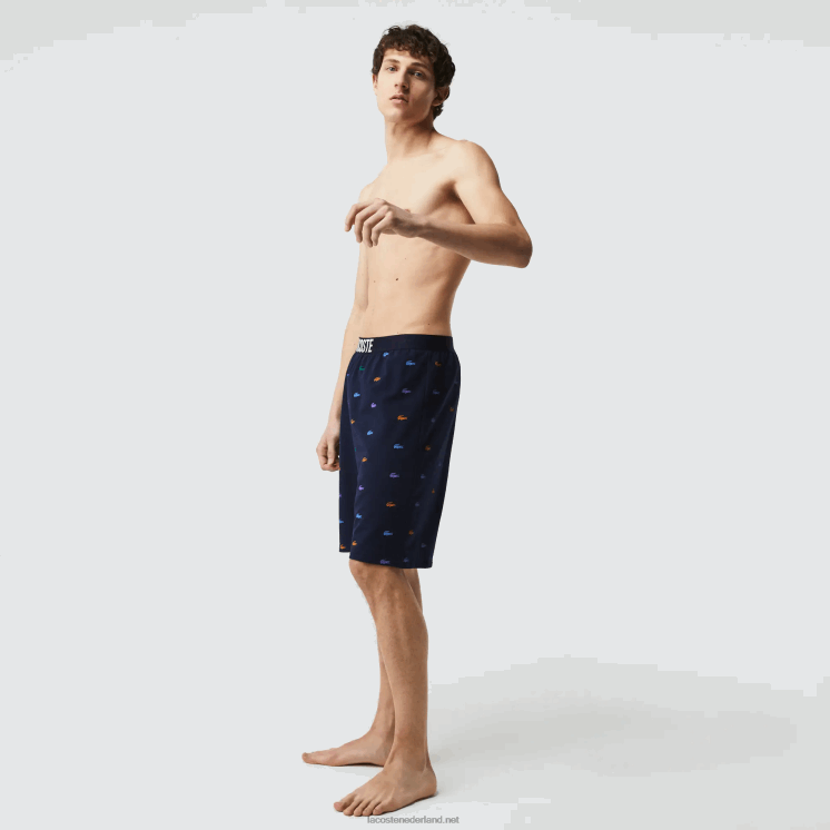 Lacoste Binnenbroek van katoenfleece met krokodillenprint 0828H1499 marineblauw wit qrn Heren