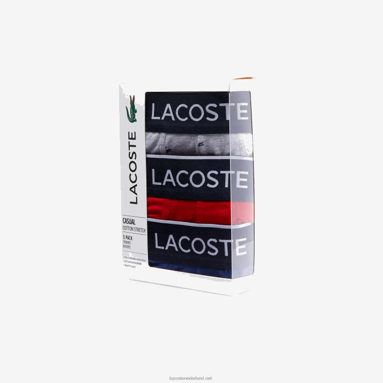 Lacoste casual signature boxershorts 3-pack 0828H1327 marineblauw grijs chine rood w3t Heren