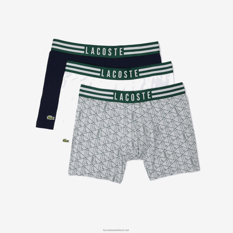 Lacoste gestreepte taille lange stretch katoenen boxershort 3-pack 0828H1434 grijs chine wit marineblauw tya Heren