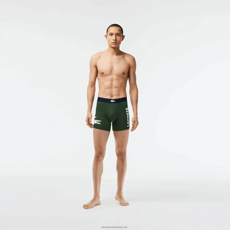 Lacoste krokodil taille lange stretch katoenen boxershort 3-pack 0828H1368 groen marineblauw wit p52 Heren