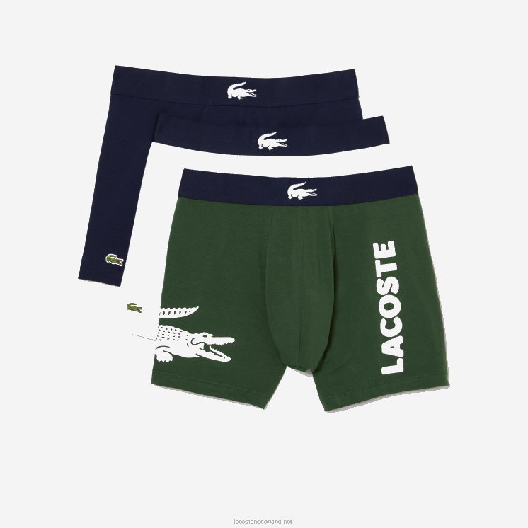 Lacoste krokodil taille lange stretch katoenen boxershort 3-pack 0828H1368 groen marineblauw wit p52 Heren