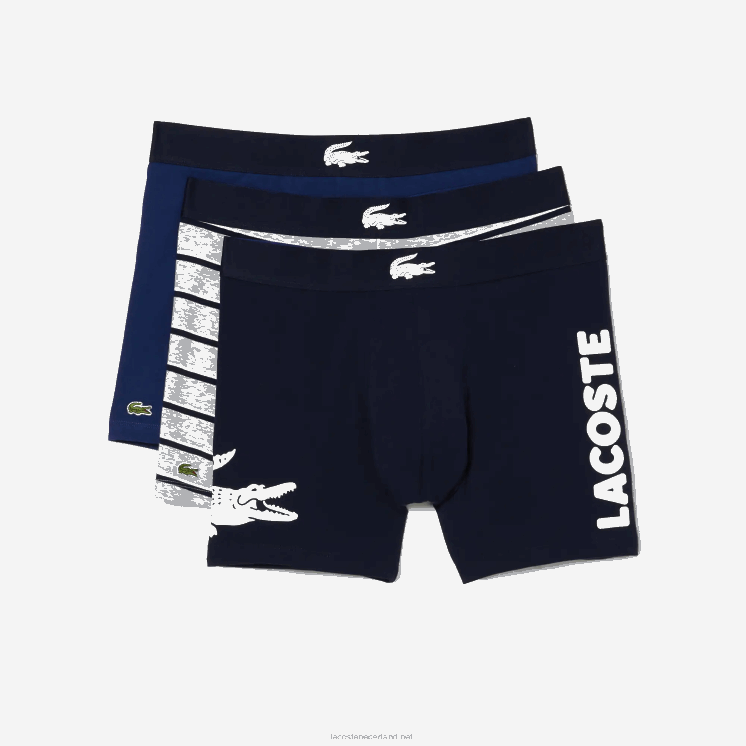 Lacoste krokodil taille lange stretch katoenen boxershort 3-pack 0828H1369 wit grijs chine marineblauw bck Heren