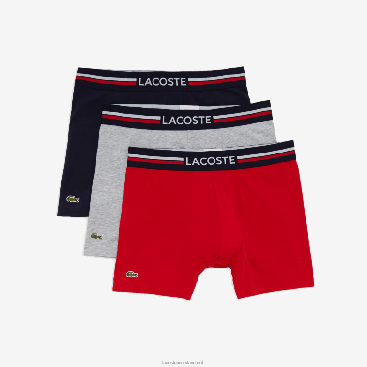 Lacoste lange katoenen boxershort 3-pack 0828H1420 marineblauw grijs chine rood w34 Heren