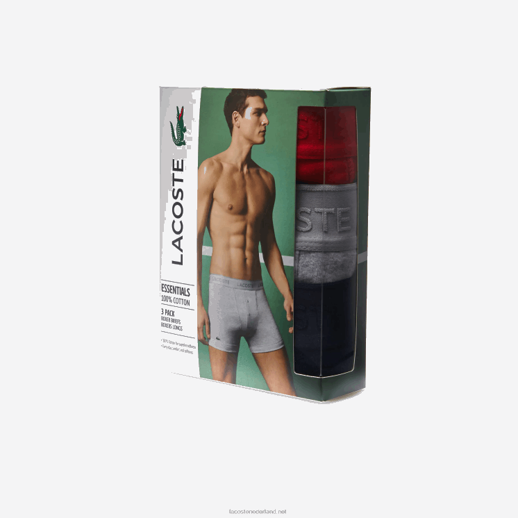 Lacoste lange katoenen boxershort met lettertaille, 3-pack 0828H1357 rood grijs chine marineblauw w46 Heren