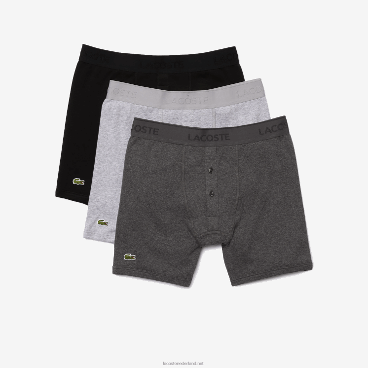 Lacoste lange katoenen boxershort met lettertaille, 3-pack 0828H1359 zwart grijs chine vfu Heren