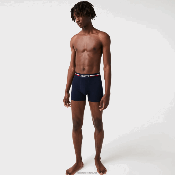 Lacoste lange stretch katoenen jersey boxershort 3-pack 0828H1424 marineblauw wit 525 Heren