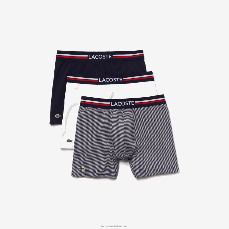 Lacoste lange stretch katoenen jersey boxershort 3-pack 0828H1424 marineblauw wit 525 Heren