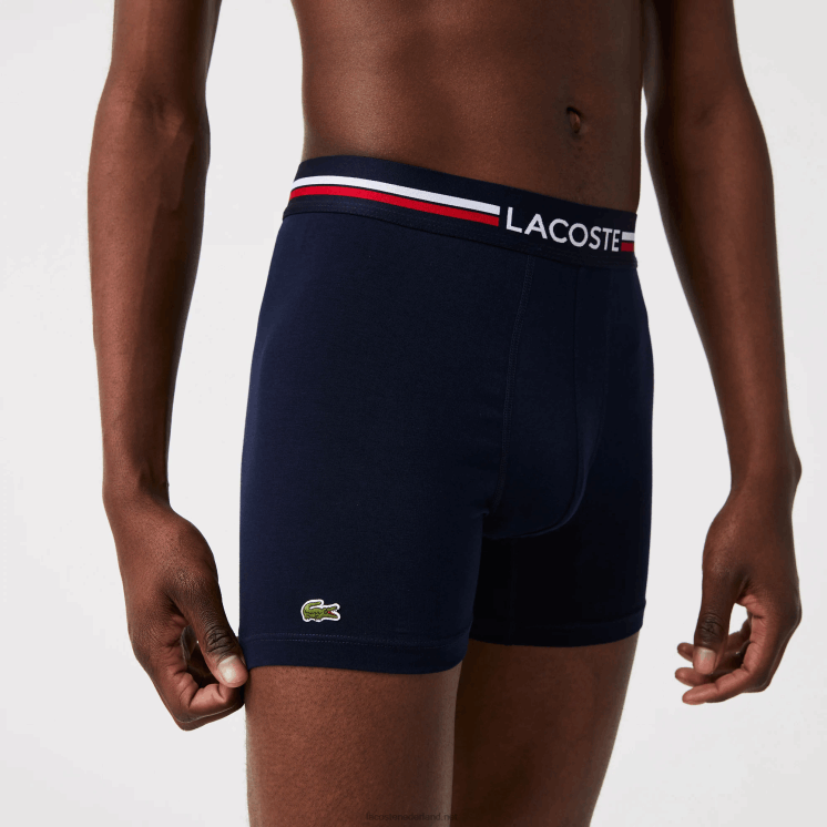 Lacoste lange stretch katoenen jersey boxershort 3-pack 0828H1424 marineblauw wit 525 Heren