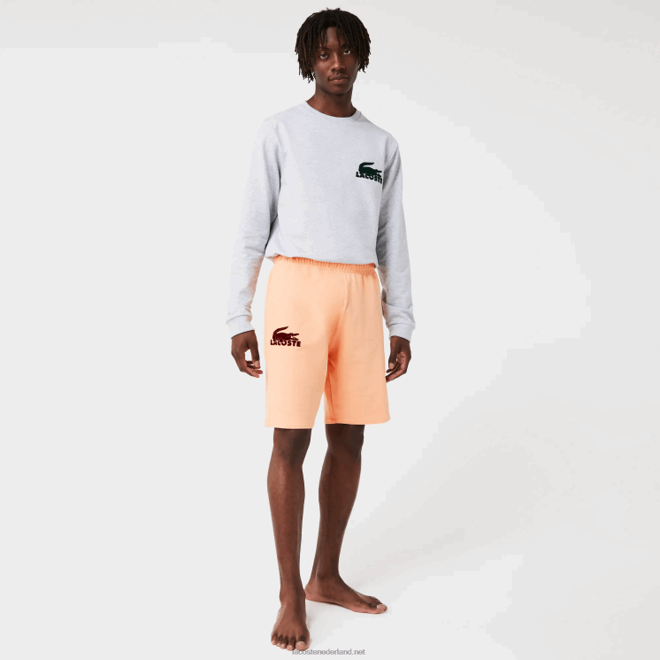 Lacoste loungeshort van velours krokodilkatoenfleece 0828H1482 lichtoranje bordeaux rz6 Heren