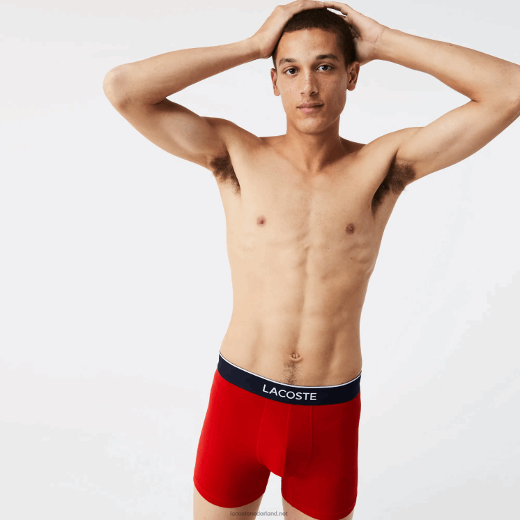 Lacoste merk taille lange stretch katoenen boxershort 3-pack 0828H1428 marineblauw grijs chine rood w3t Heren
