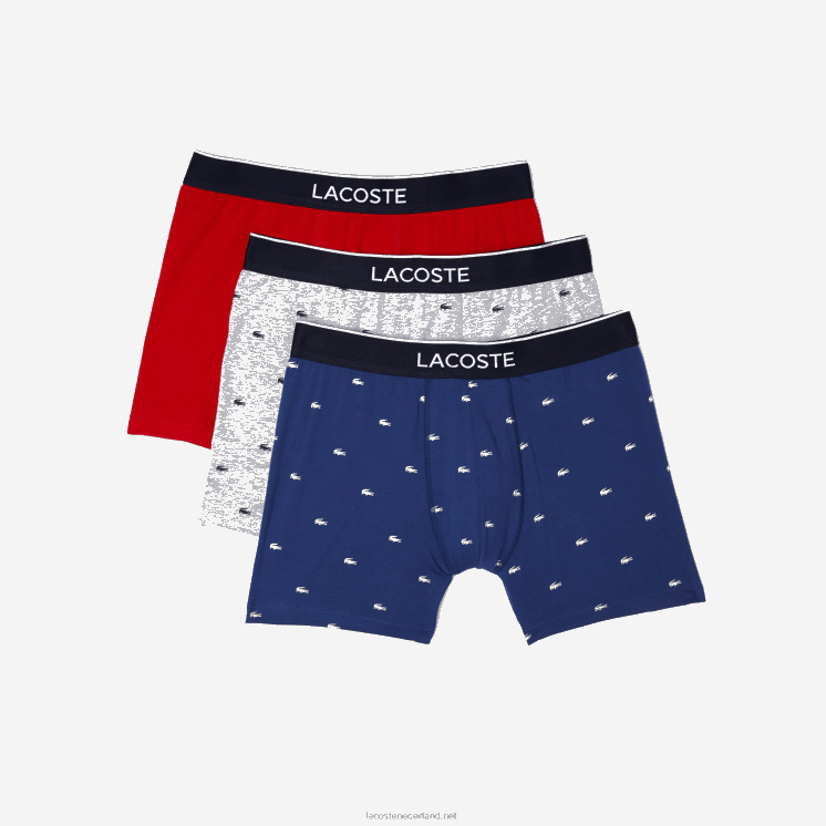 Lacoste merk taille lange stretch katoenen boxershort 3-pack 0828H1428 marineblauw grijs chine rood w3t Heren
