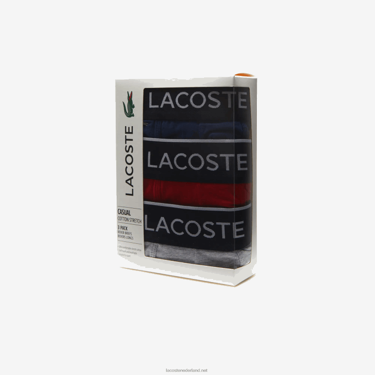 Lacoste merk taille lange stretch katoenen boxershort 3-pack 0828H1428 marineblauw grijs chine rood w3t Heren