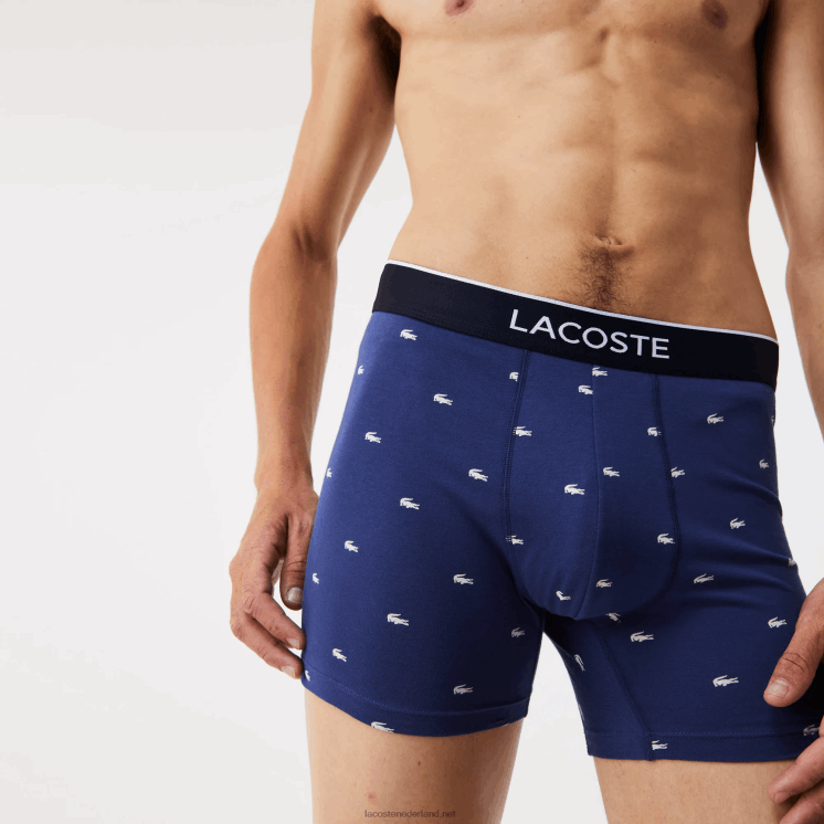 Lacoste merk taille lange stretch katoenen boxershort 3-pack 0828H1428 marineblauw grijs chine rood w3t Heren
