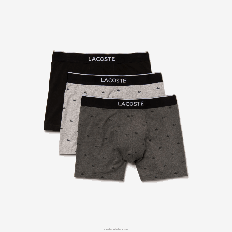 Lacoste merk taille lange stretch katoenen boxershort 3-pack 0828H1429 zwart grijs chine vdp Heren