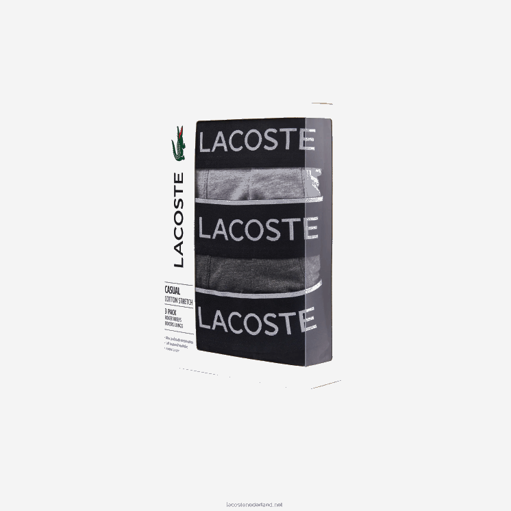 Lacoste merk taille lange stretch katoenen boxershort 3-pack 0828H1429 zwart grijs chine vdp Heren
