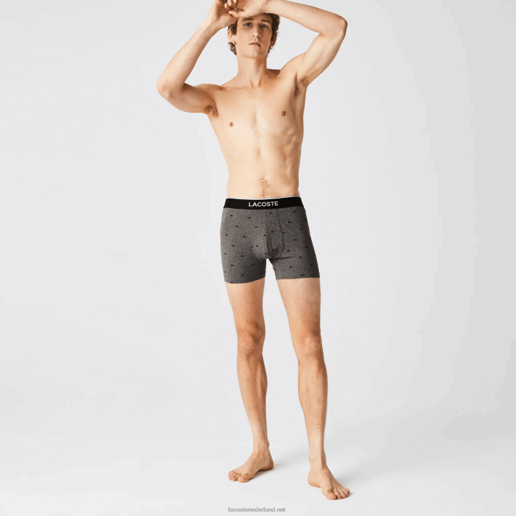 Lacoste merk taille lange stretch katoenen boxershort 3-pack 0828H1429 zwart grijs chine vdp Heren