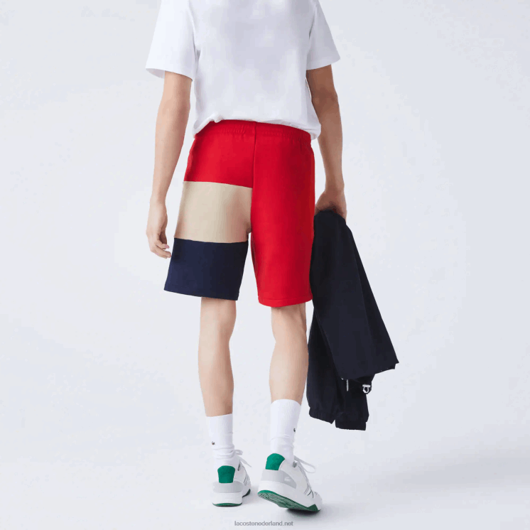 Lacoste bermuda van fleece met kleurvlakken en letters 0828H1558 rood beige marineblauw 1fu Heren